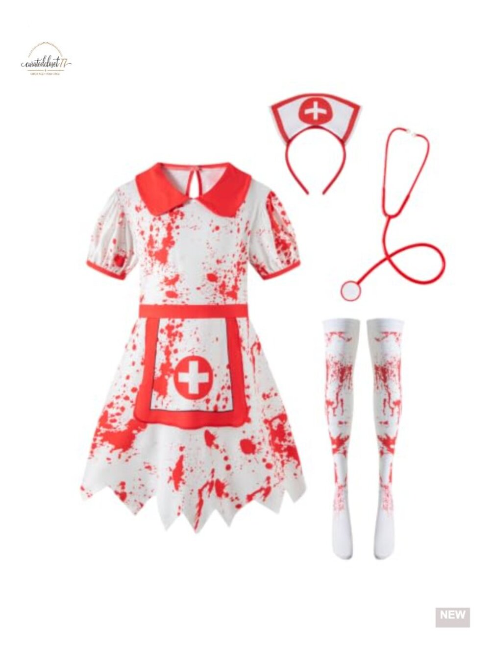 Girls Zombie Nurse Costume Set Dress Hat Stockings